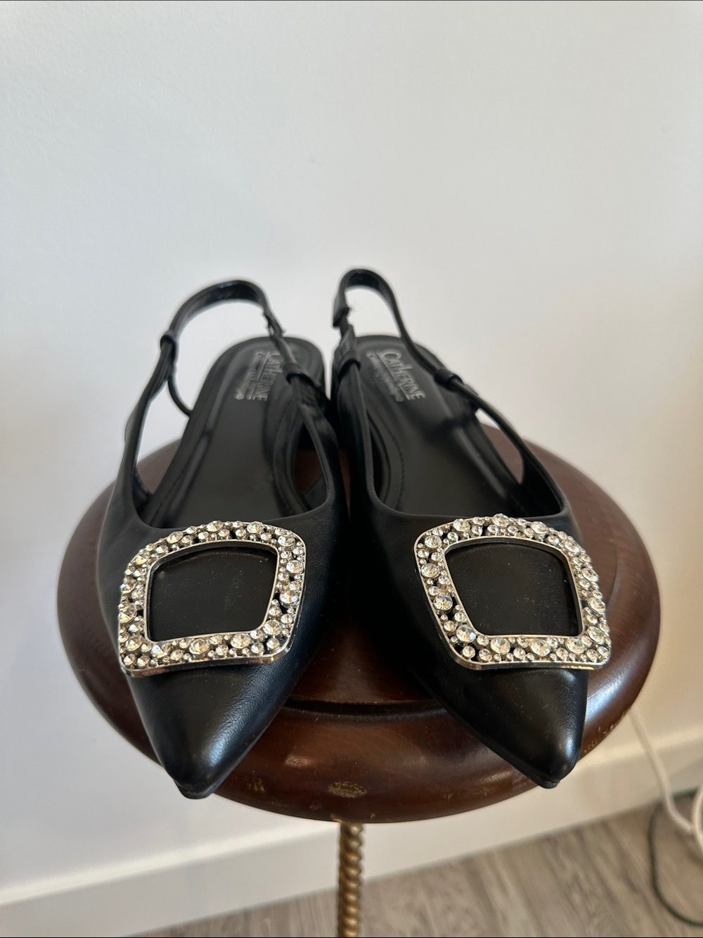 Catherine Malandrino Black Pointed Slingback Flats with Crystal Buckle